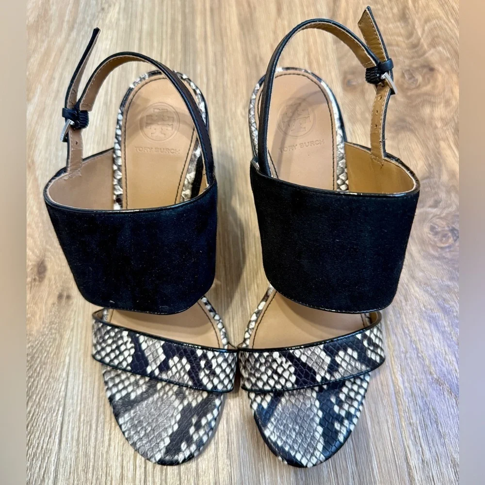 Tory Burch Black Velvet Snakeskin Block Heel Sandals Size 7.5 LNC